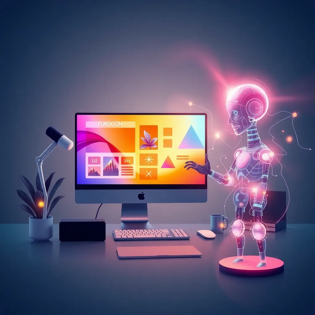 AI-powered graphic design workspace featuring an advanced digital assistant interacting with a computer displaying creative design elements. Highlights the integration of AI tools like automated layouts and design suggestions for efficient graphic design workflows.