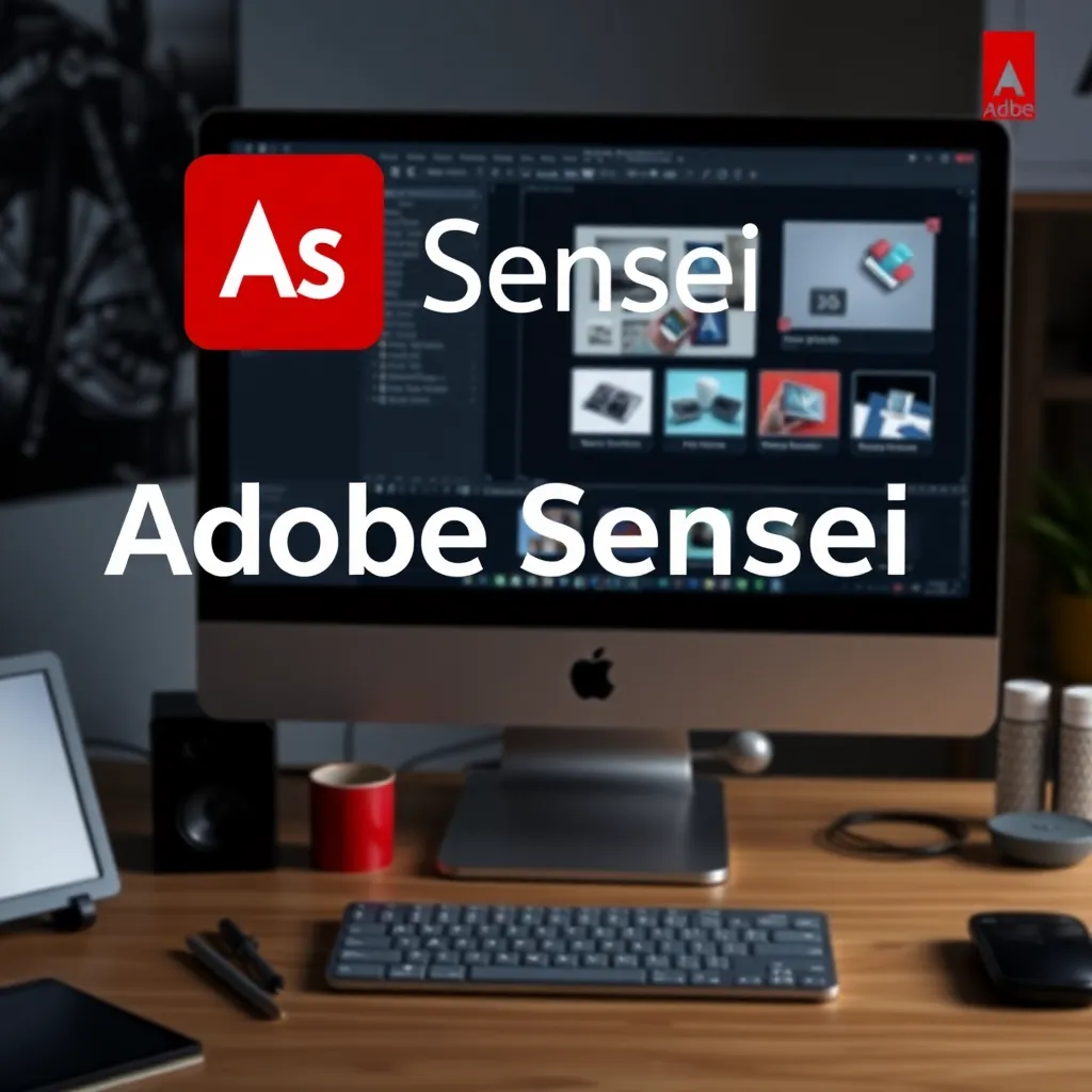 Professional workspace displaying Adobe Sensei in action on a computer screen, integrated with Adobe Creative Cloud applications. The screen shows AI-powered design tasks like object removal and layout creation, emphasizing Adobe Sensei's advanced editing and automation capabilities.