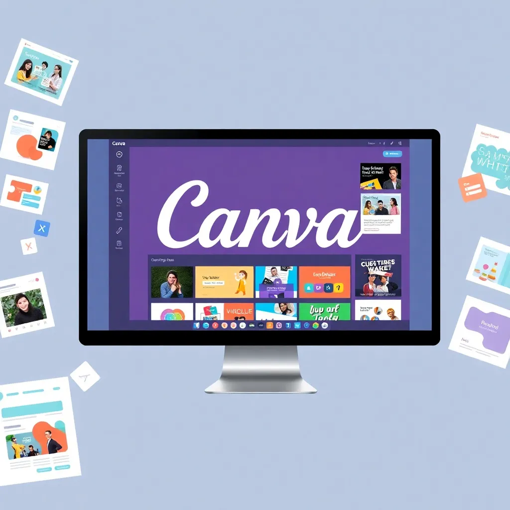 A sleek workspace showcasing Canva's interface on a computer screen, featuring vibrant templates, social media post designs, and marketing elements. The scene highlights Canva's intuitive drag-and-drop features and its role as a versatile tool for beginners and professionals.