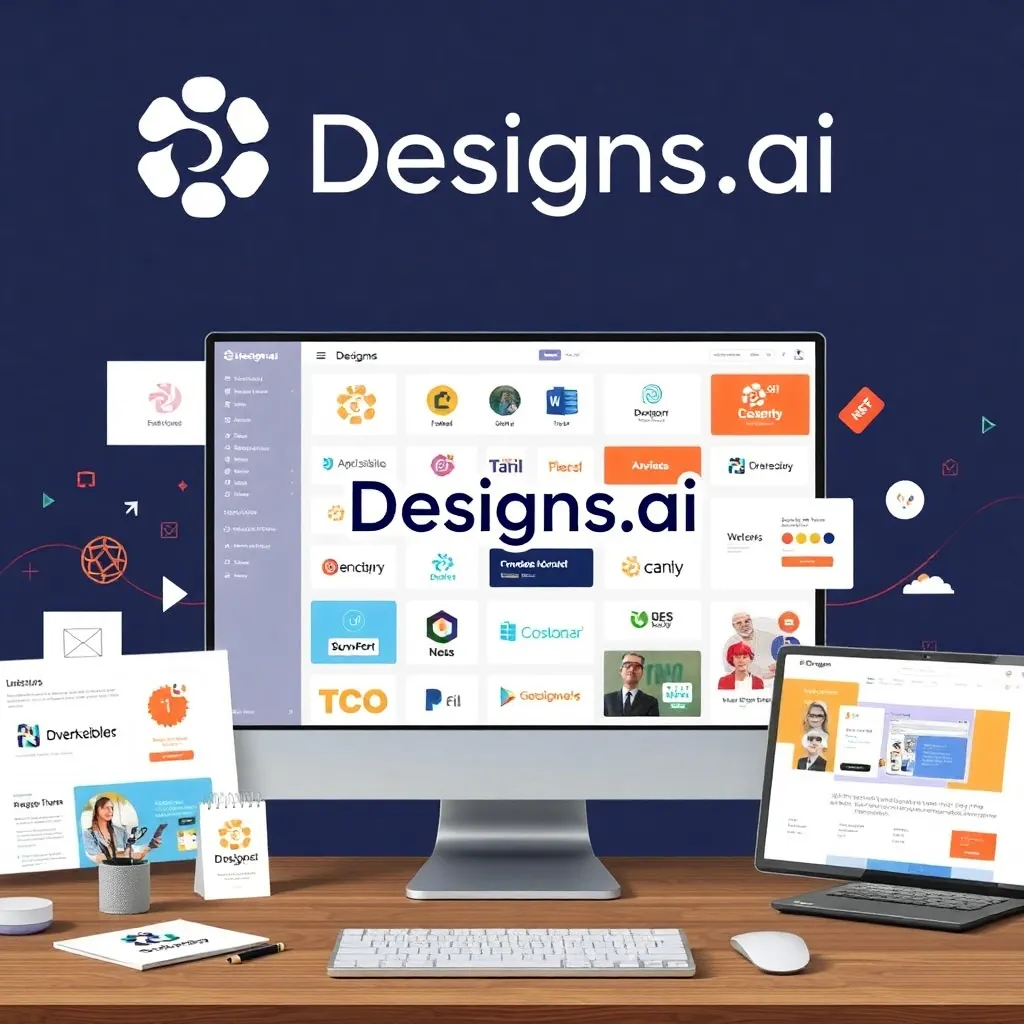 Creative workspace featuring the Designs.ai platform on a computer monitor, surrounded by branding assets like logos, templates, and marketing materials. The image highlights Designs.ai's AI-driven capabilities for efficient logo creation and professional graphic design.