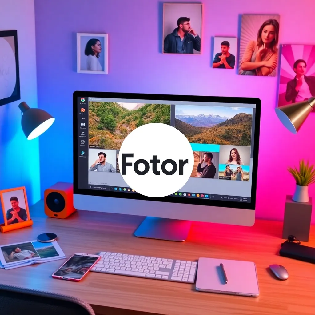 Bright and colorful workspace displaying Fotor’s photo editing and design platform on a computer screen. The image features enhanced photos, background removal, and creative filters, highlighting Fotor's accessibility and AI-powered capabilities for creating high-quality visuals.