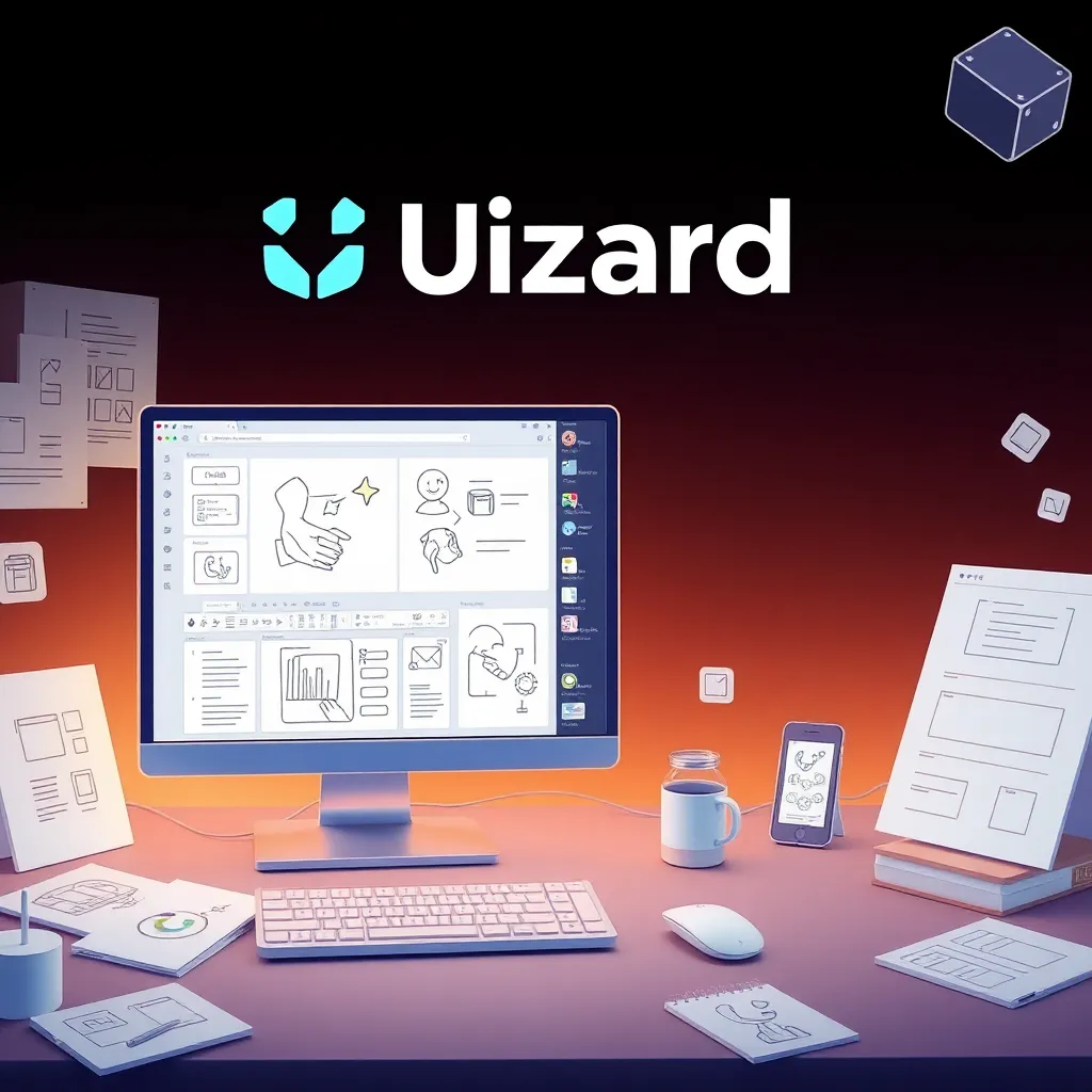 Modern design workspace showcasing Uizard’s interface on a screen, converting hand-drawn sketches into digital prototypes. The setup includes UI/UX design elements, wireframes, and app interface mockups, emphasizing Uizard’s rapid prototyping features.