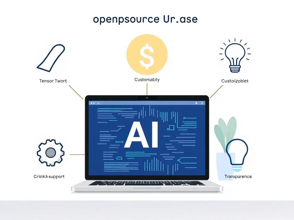 Computer screen displaying open-source AI tools with icons for zero licensing, customizability, community support, and innovation.