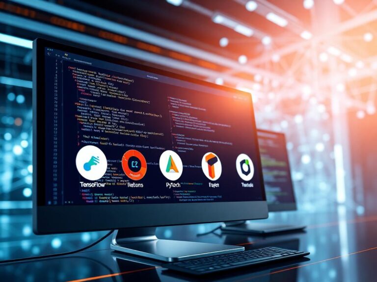 Futuristic workspace with a computer screen displaying open-source AI tools like TensorFlow, PyTorch, and Scikit-learn, surrounded by visual elements of neural networks and data flow, symbolizing innovation and accessibility in artificial intelligence development.