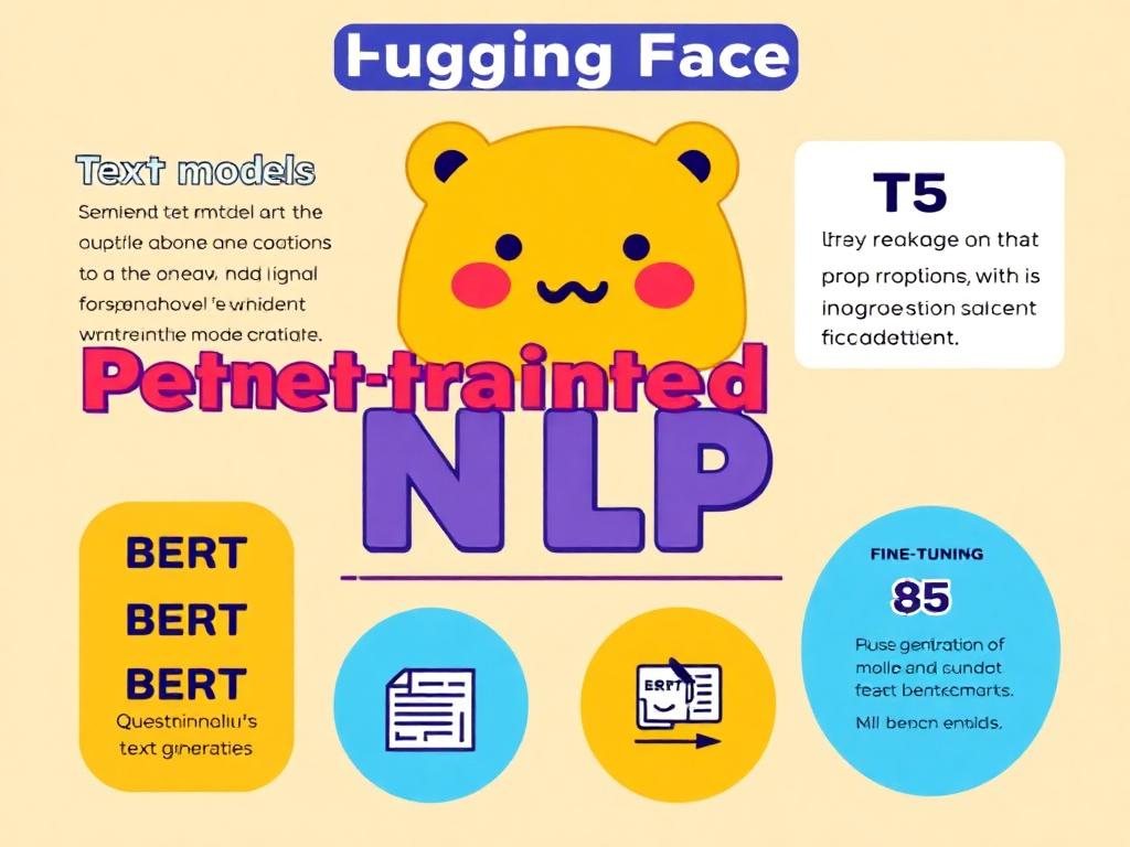 Illustration of Hugging Face’s NLP models BERT, GPT, and T5, with text analysis visuals like sentiment analysis, language translation, and text generation.