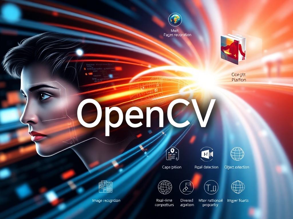 OpenCV logo with visuals of image recognition, real-time computer vision tasks, and cross-platform compatibility for video and image processing.