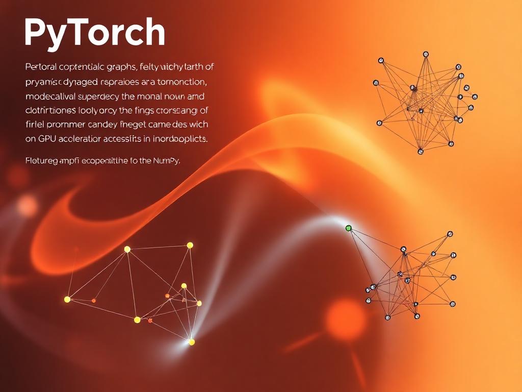 PyTorch visual representation highlighting dynamic computational graphs, flexibility in deep learning, and GPU acceleration for research and model experimentation.