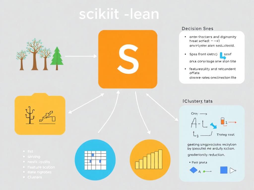 Scikit-learn iconography featuring decision trees, machine learning algorithms, and data preprocessing tools, focusing on traditional ML techniques.