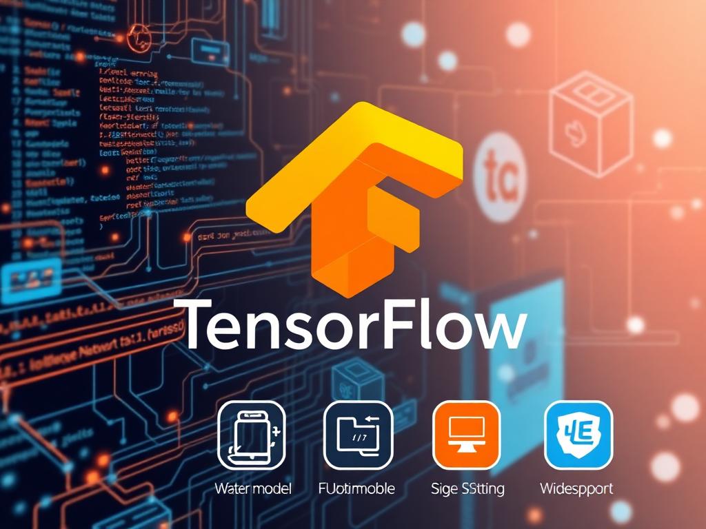 Tutor-like illustration of TensorFlow, showcasing neural networks, scalability, and mobile optimization, with a focus on machine learning and deep learning.