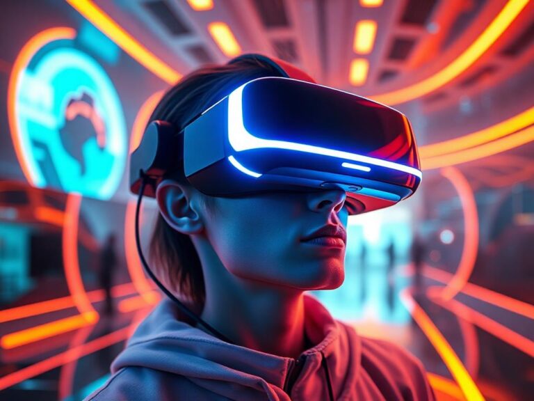 Futuristic virtual reality headset glowing with neon lights in a digital landscape.